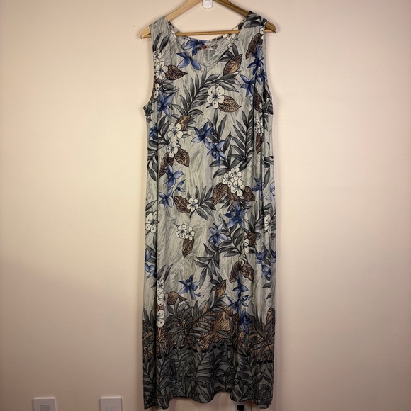 Hilo Hattie Hawaiian Floral Blue Gray Maxi Dress Vintage - Picture 2 of 11